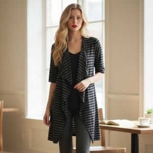 Lularoe Shirley Black&Gray Striped Waterfall Front Long Kimono